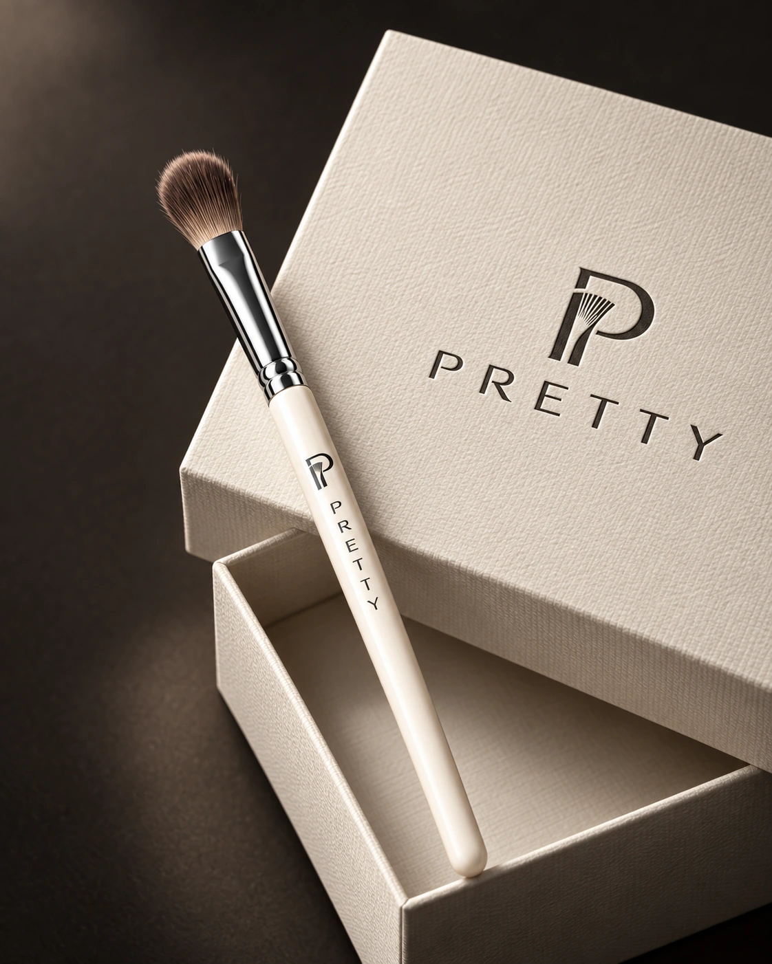 Branded PRETTY eye brush and textured presentation box, design study