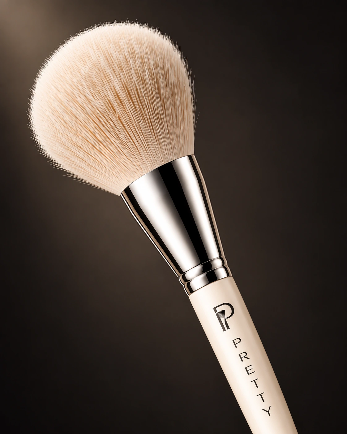 PRETTY ivory powder brush with visible branded handle and fine individual bristles, design study