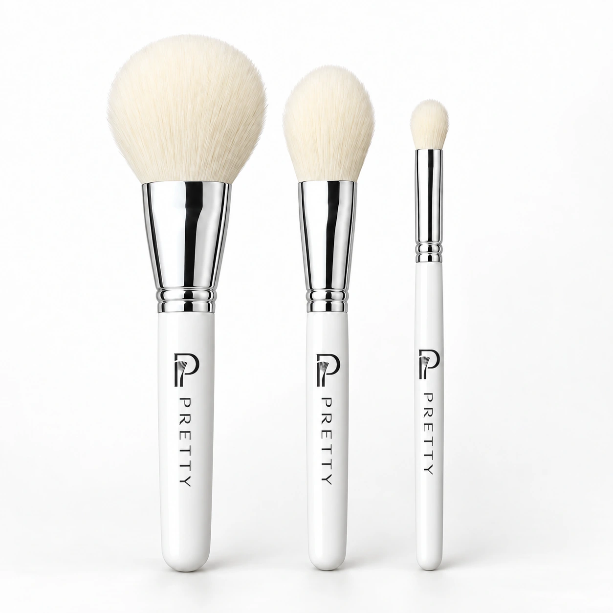 White-handle collection: upright face and eye brushes, AI-restyled collection visual