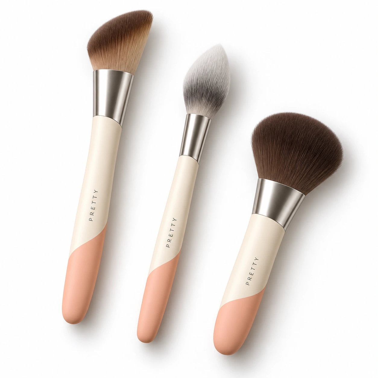 Apricot Arc: Three face-brush profiles share an apricot and ivory curved colour boundary, with warm silver-tone ferrules. Original design concept.