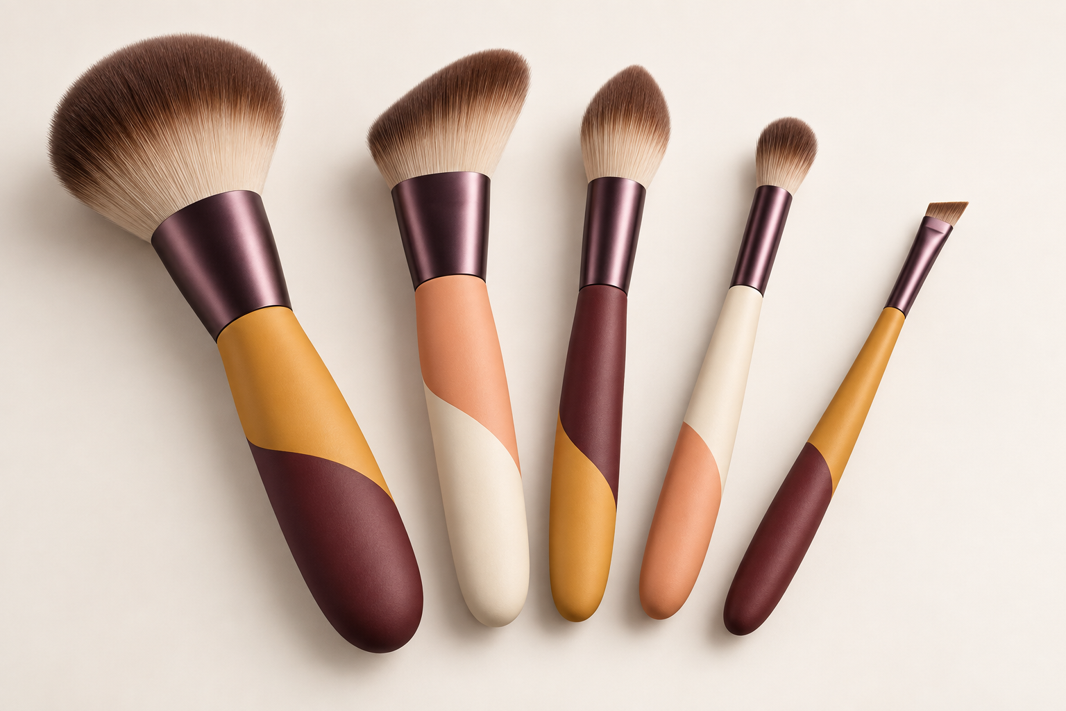 Colour Orbit: Five different brush profiles connected by marigold, apricot, oxblood and cream, with satin plum-tone ferrules. A coordinated family with room for each brush to have its own role. Original design concept.