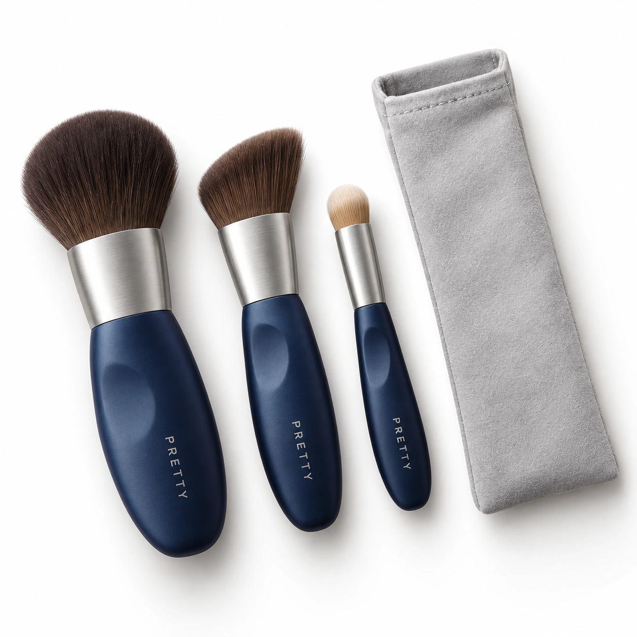Deep Sea Travel: Three compact brush profiles with navy handles, shallow grip recesses and silver-tone ferrules. A separate sleeve suggests a carry direction. Original design concept.