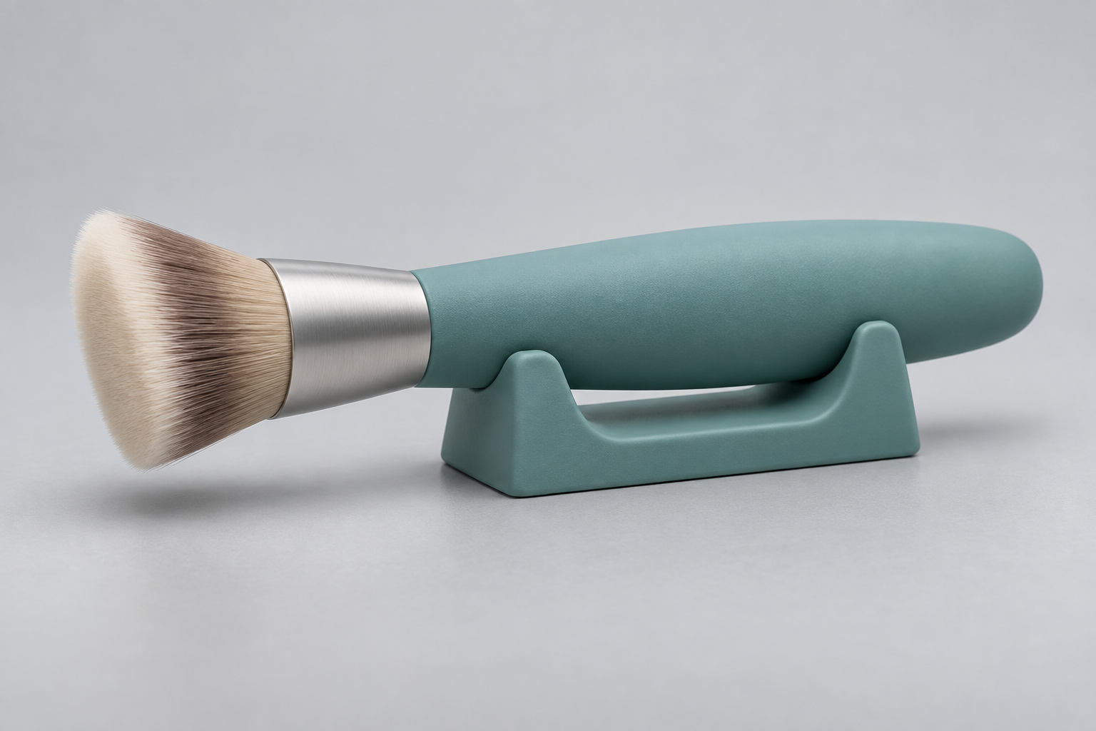 Easy Hold: A dense angled-head concept with a fuller teal oval handle and matching horizontal rest. The design explores a different way to hold and set down a foundation brush. Original design concept.