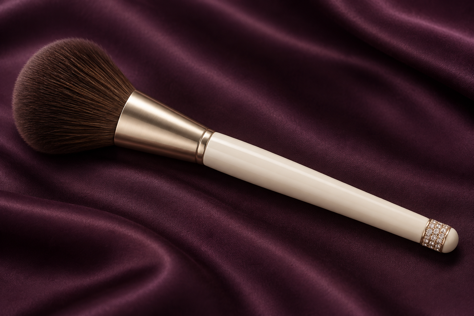 Jewel Cuff: An ivory-handle blush-brush concept with a champagne-tone ferrule and a small crystal cuff near the end. The accent sits away from the bristles and the main gripping area. Original design concept.