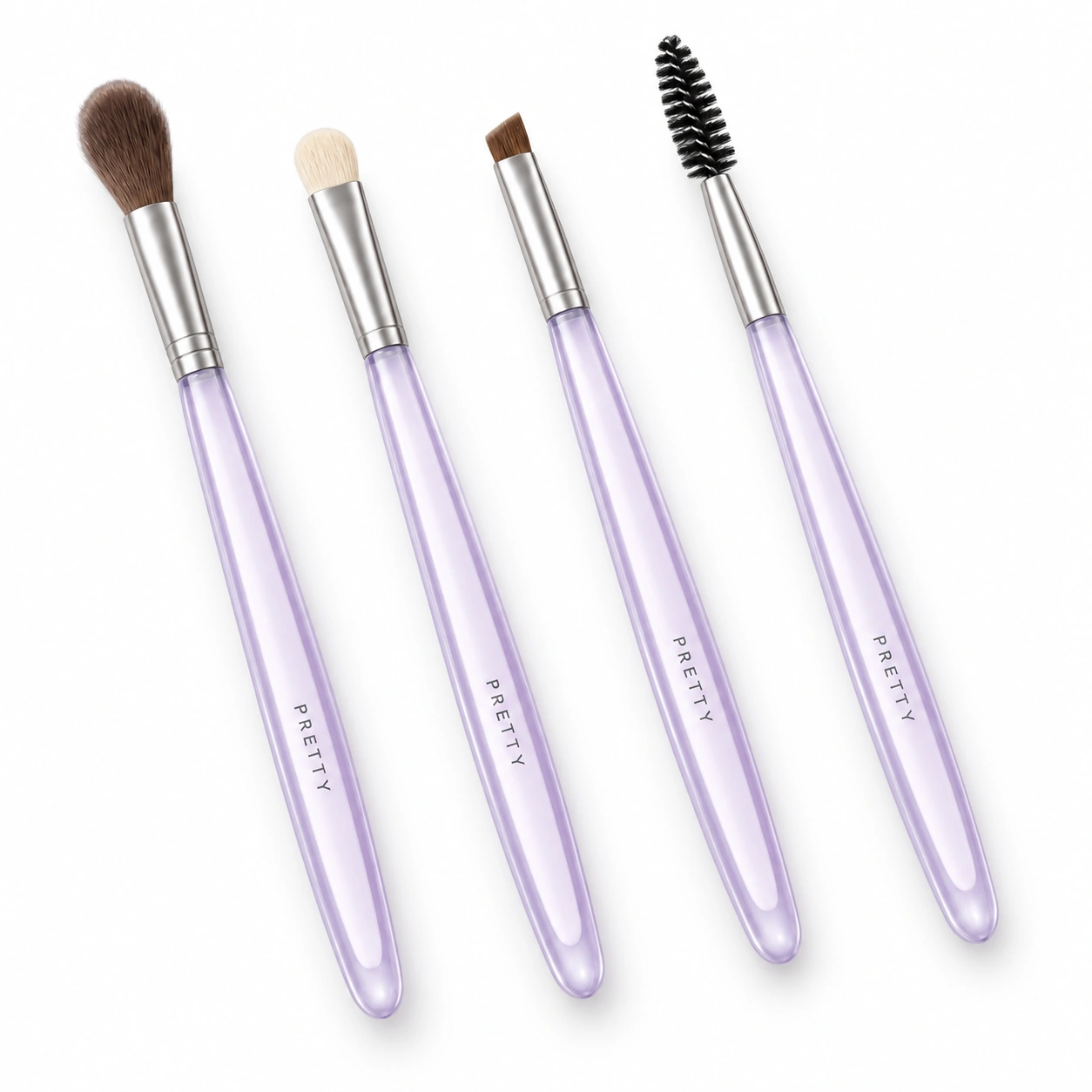Lavender Mist: Four eye and brow tool profiles with pale lavender translucent handles and silver-tone ferrules. A light, coordinated appearance for a compact collection. Original design concept.
