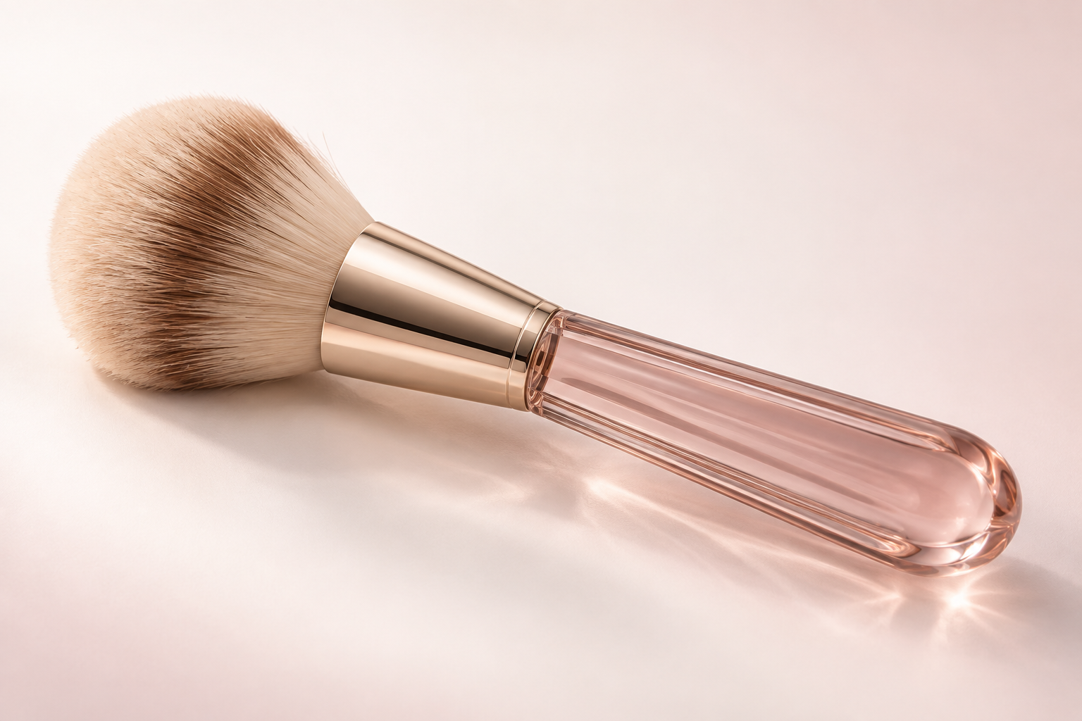 Prism Glass: A rounded powder-brush concept with a rose-tinted glass handle and champagne-tone ferrule. Light and internal fluting become part of the identity. Original design concept.