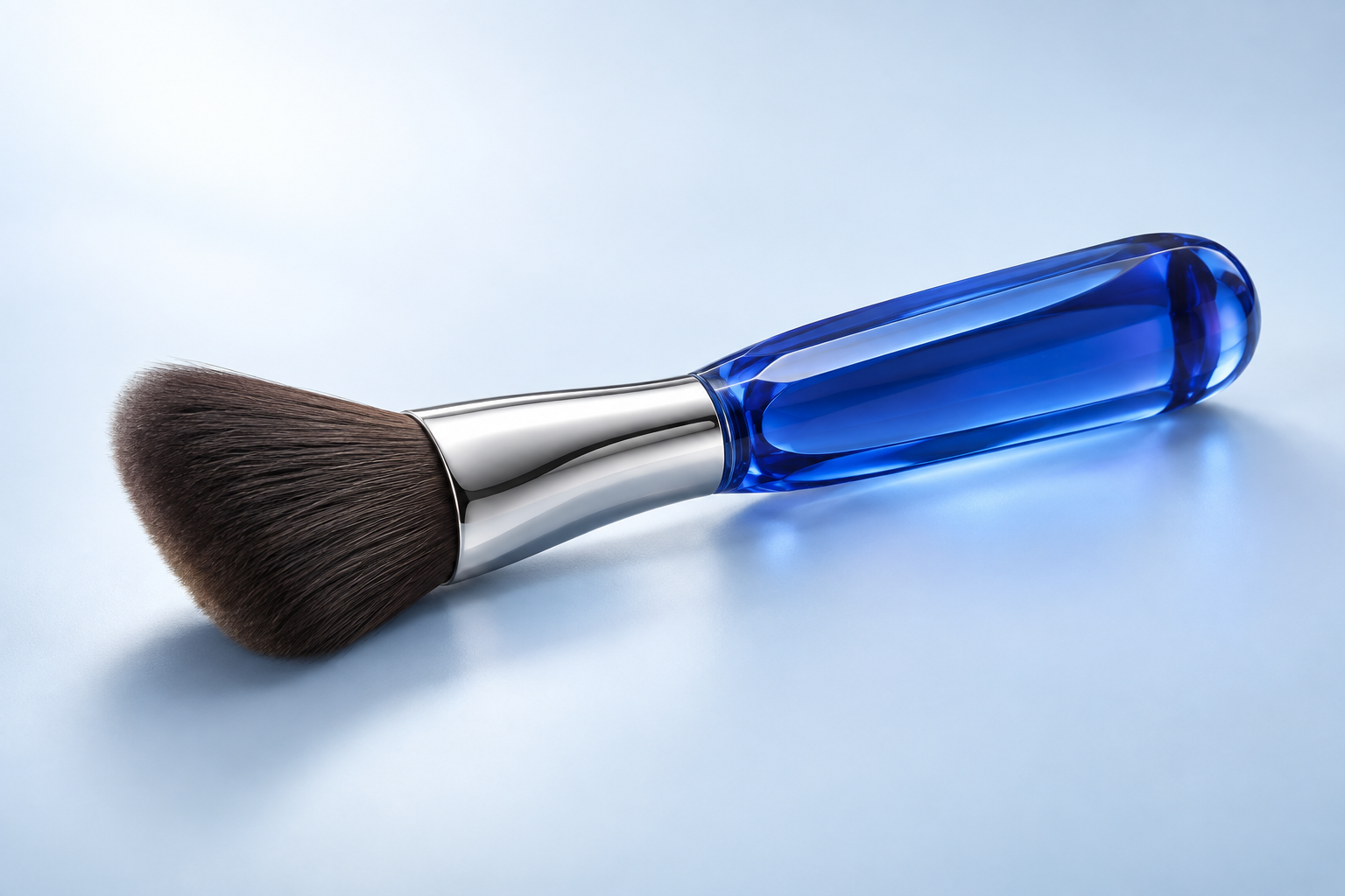 Sapphire Facet: An angled cheek-brush concept with a cobalt-blue glass handle and a silver-tone ferrule. Broad facets and rounded ends give the silhouette a clear point of view. Original design concept.