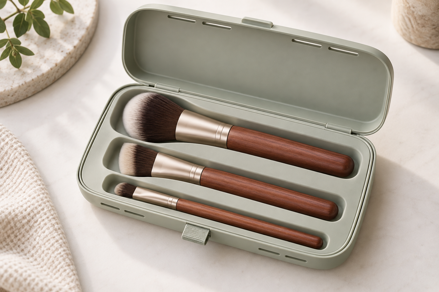 Travel Air: Three compact brush profiles in a pale sage case with a shaped tray and visible openings. Warm wood-tone handles and champagne-tone ferrules connect the set. Original design concept.