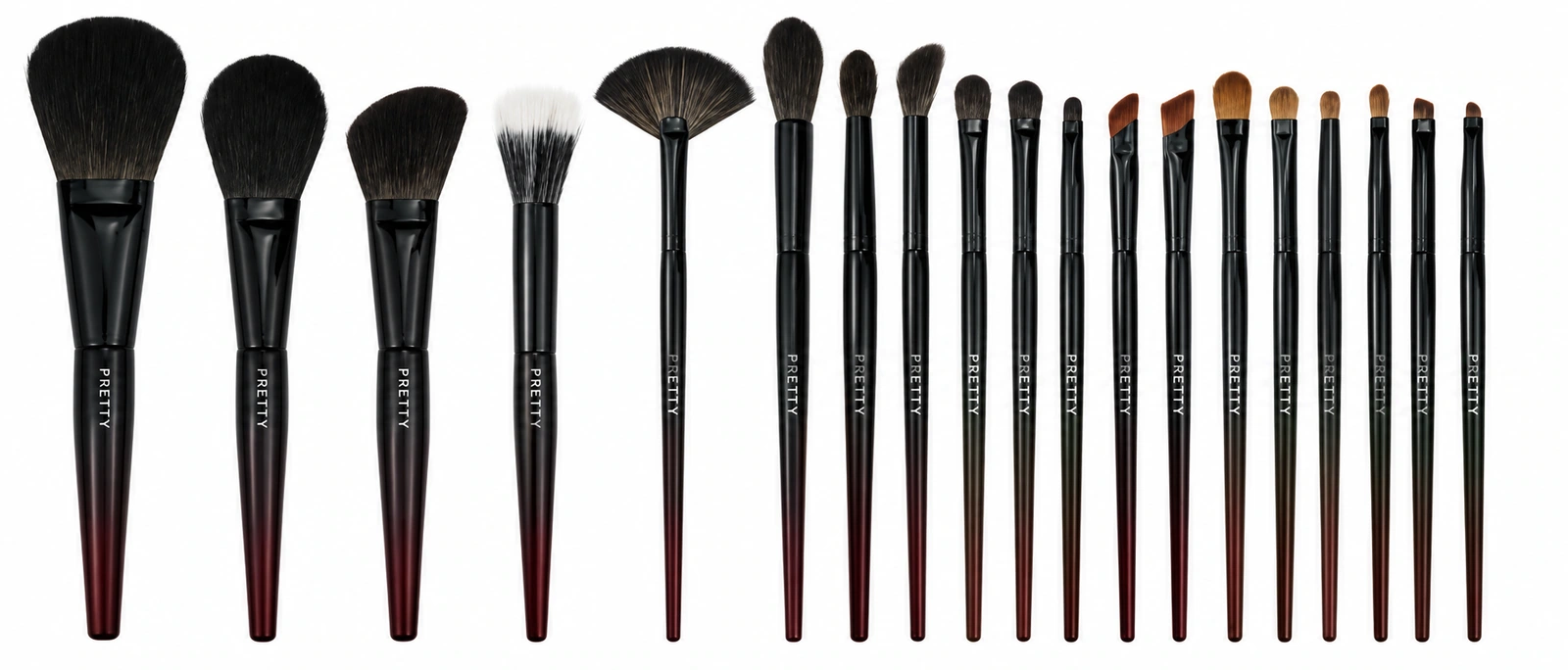 Black-to-burgundy tapered brush lineup, produced brush design