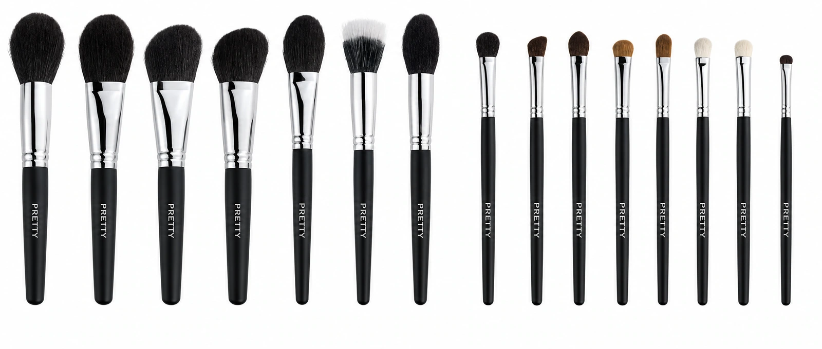 Upright black-handle collection with silver-tone ferrules, produced brush design