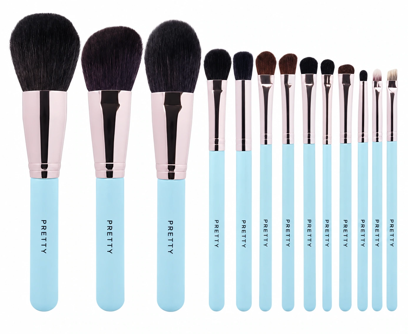Pale-aqua brush collection with warm reflective ferrules, produced brush design