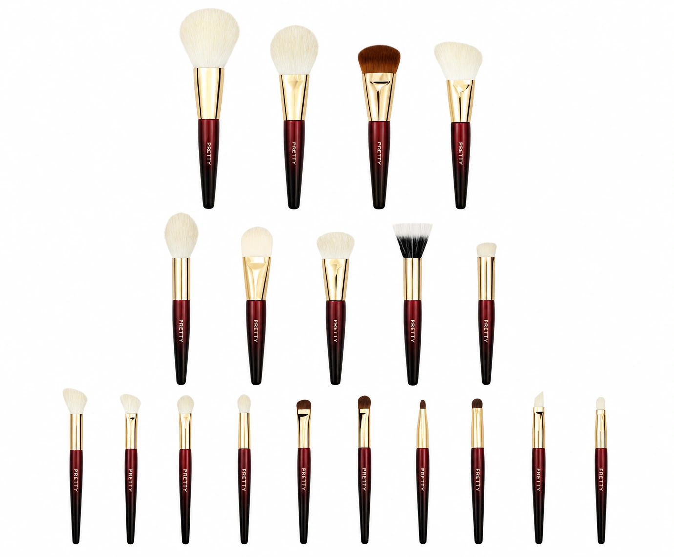 Burgundy-gradient nineteen-brush collection with gold-tone ferrules, produced brush design