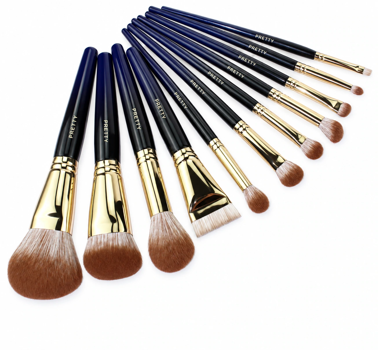 Navy-gradient collection with gold-tone ferrules in a fan arrangement, produced brush design