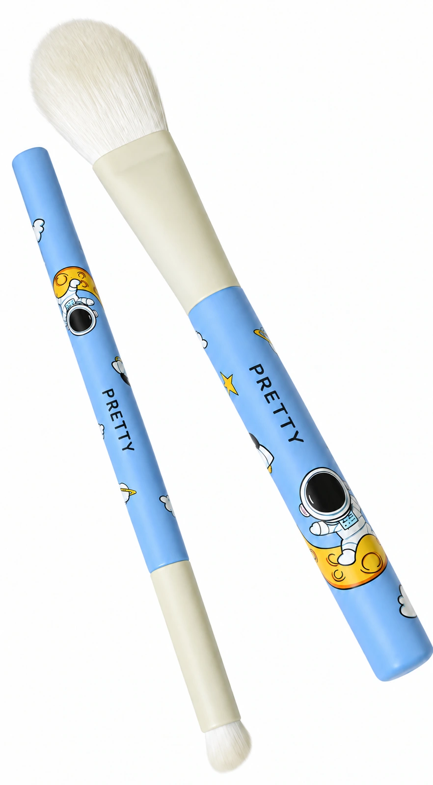 Two pale-blue brushes with illustrated handles, produced brush design
