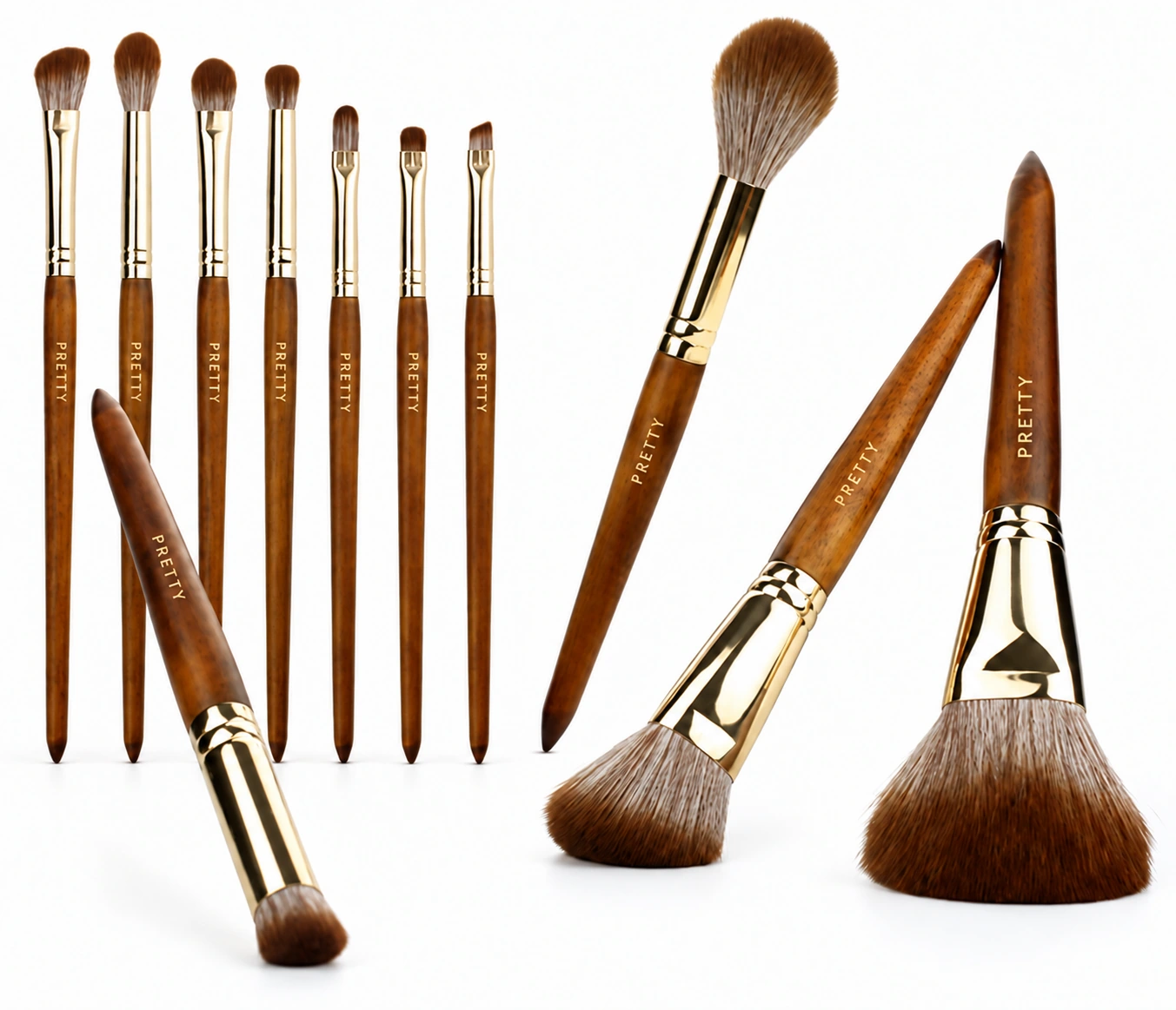 Brown pointed-handle collection with gold-tone ferrules, produced brush design