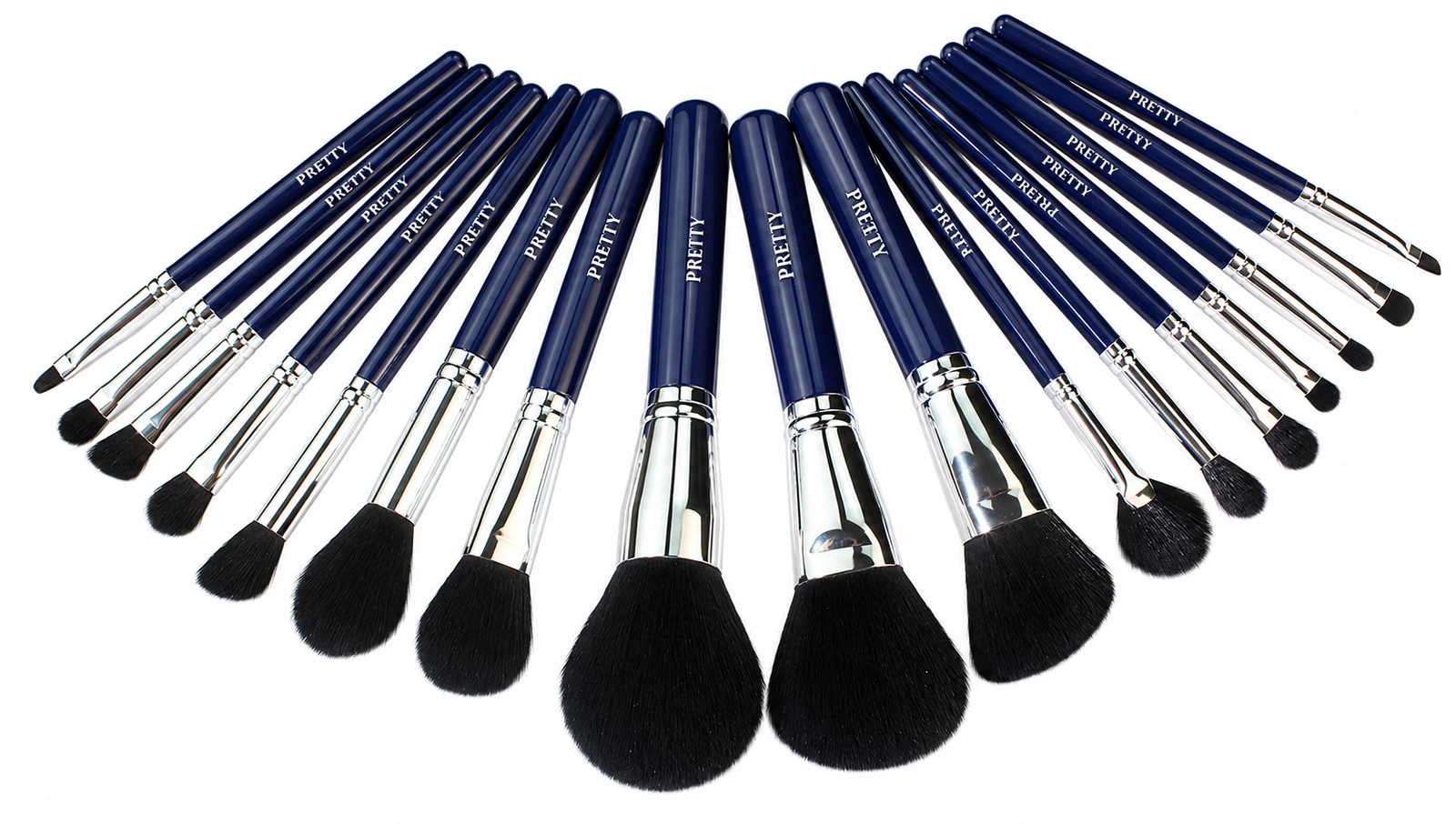 Navy-handle collection with silver-tone ferrules and dark heads, produced brush design