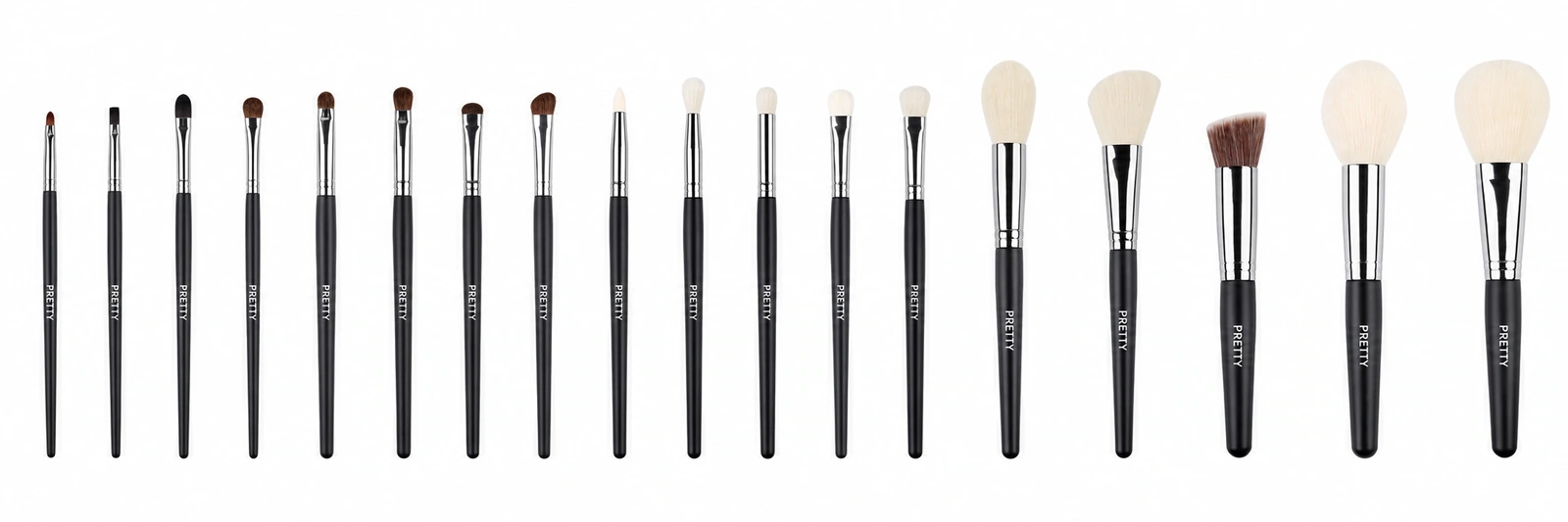 Black-handle collection with silver-tone ferrules, produced brush design