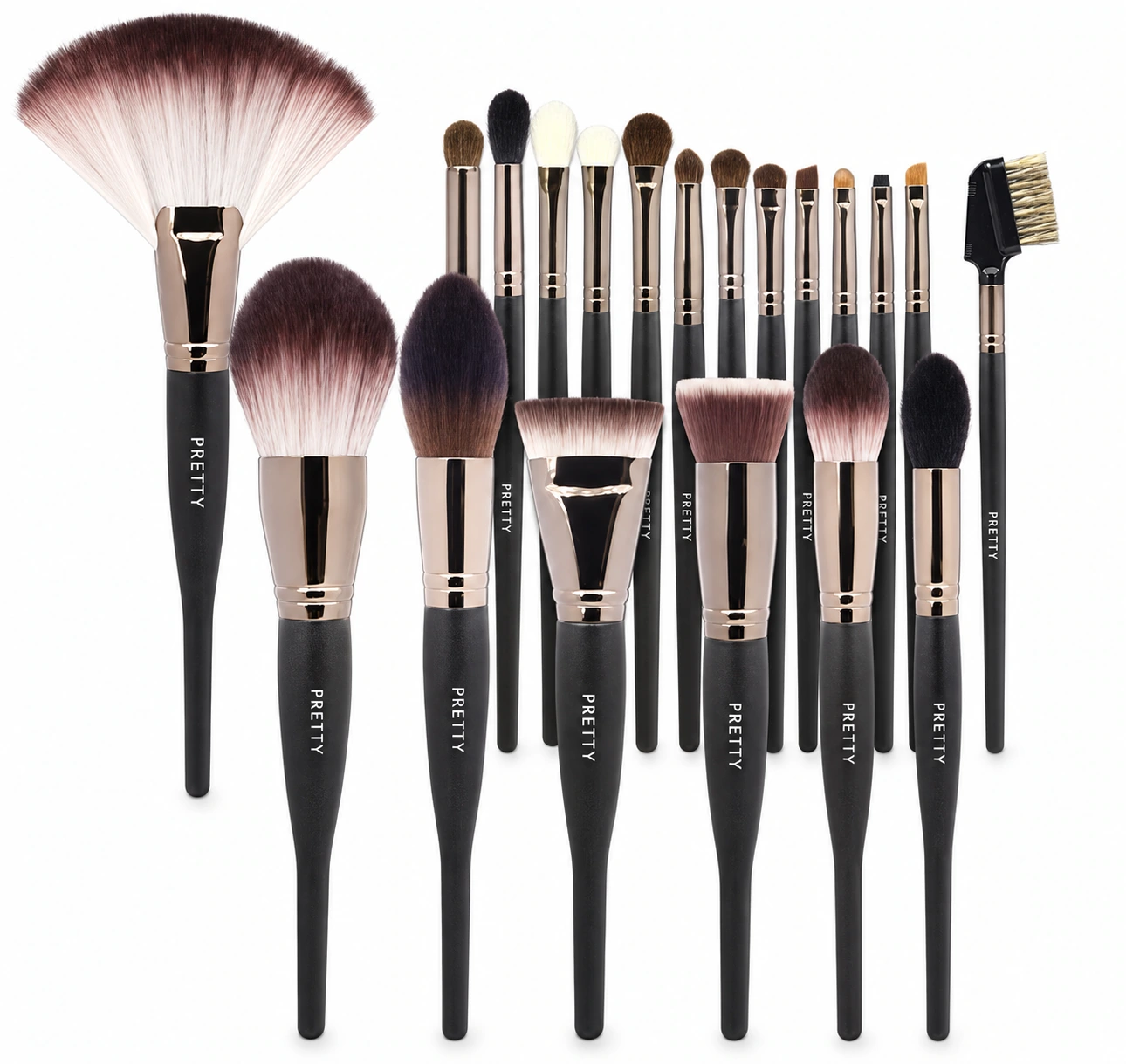 Dark sculpted-handle twenty-tool collection, produced brush design