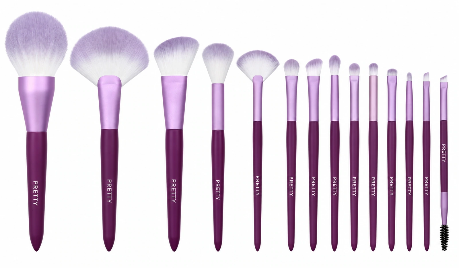 Plum-handle fourteen-brush collection with lavender heads, produced brush design