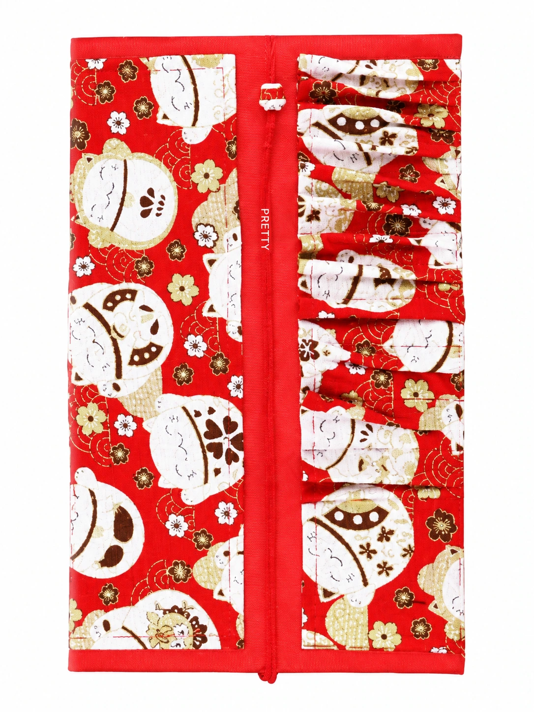 Open red brush roll with an illustrated pattern, produced brush design