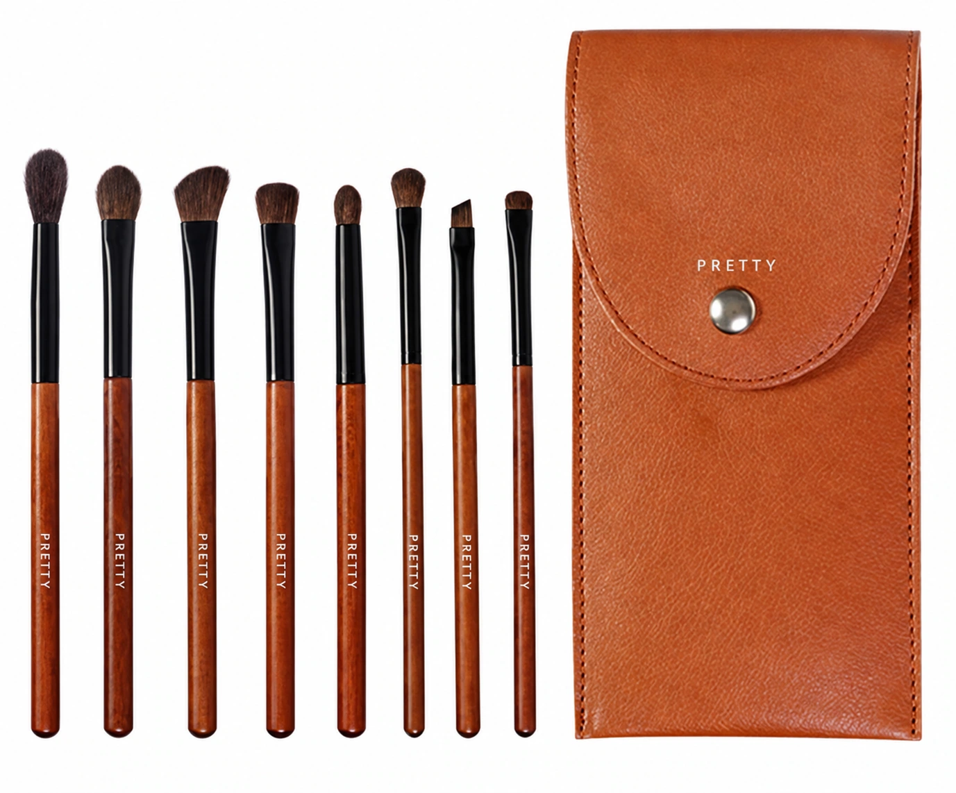 Brown-and-black eight-brush set with snap pouch, produced brush design