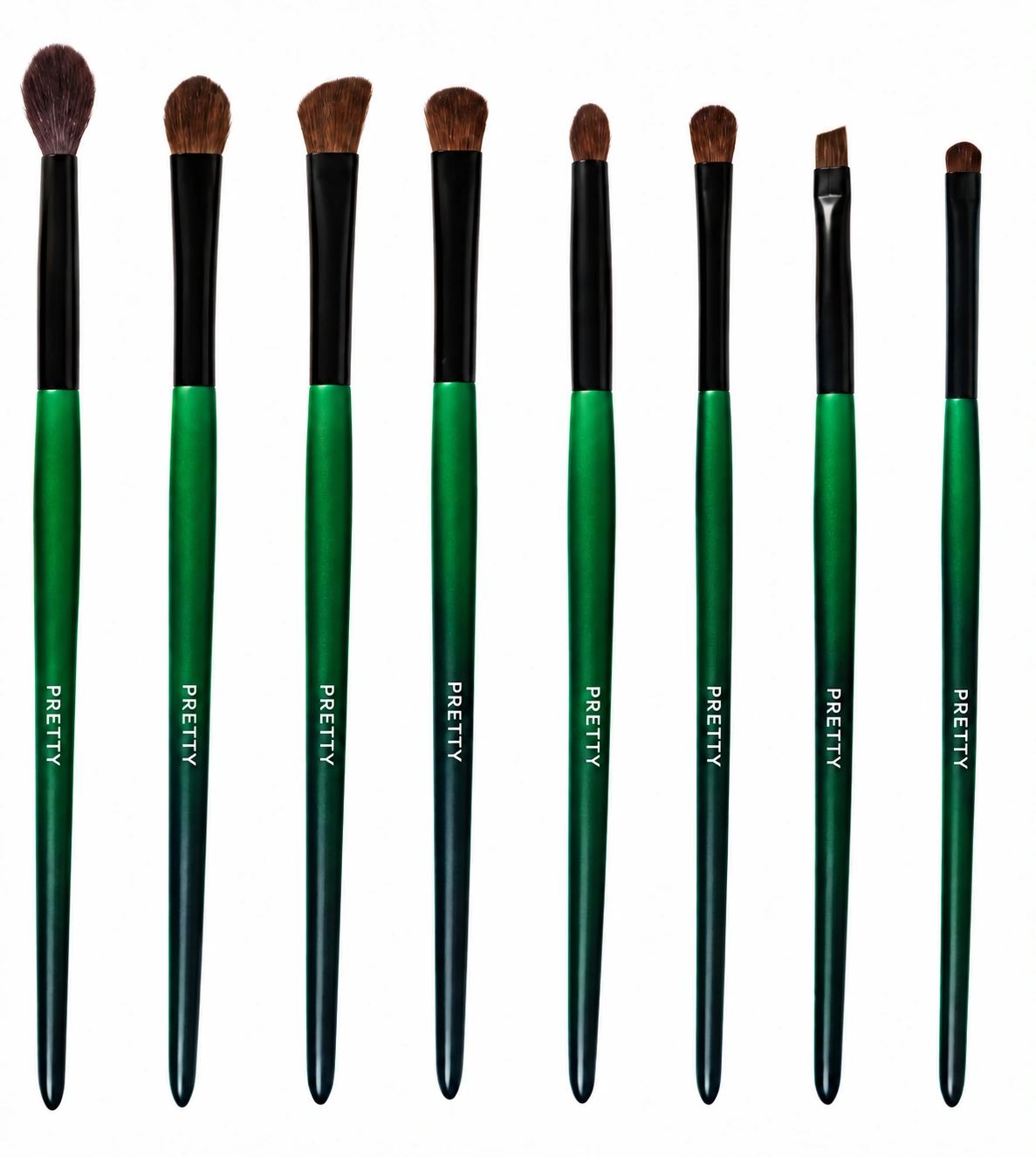 Green-handle small-brush lineup with black ferrules, produced brush design