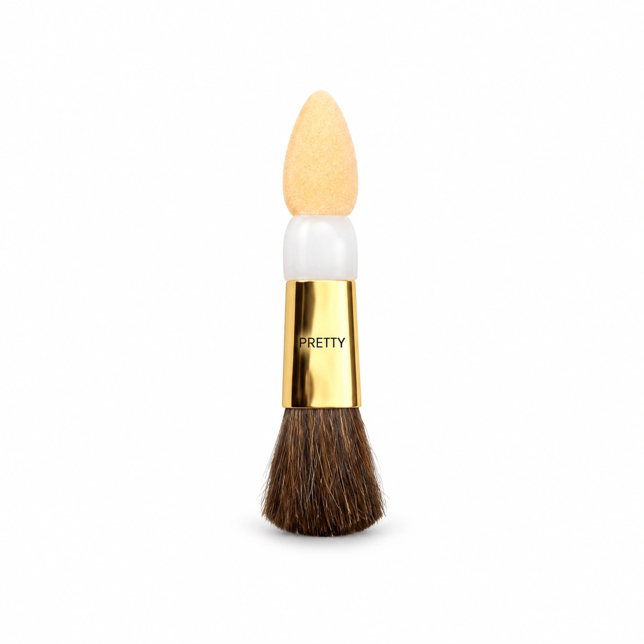 Short gold-tone applicator with an oval tip and brown brush, produced brush design