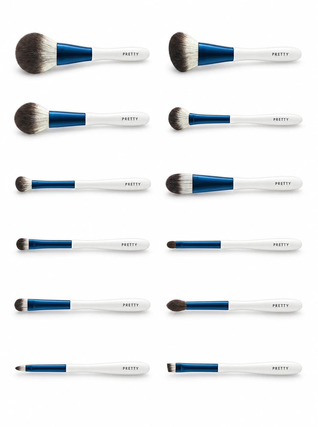 White curved-handle blue-ferrule twelve-brush series, produced brush design