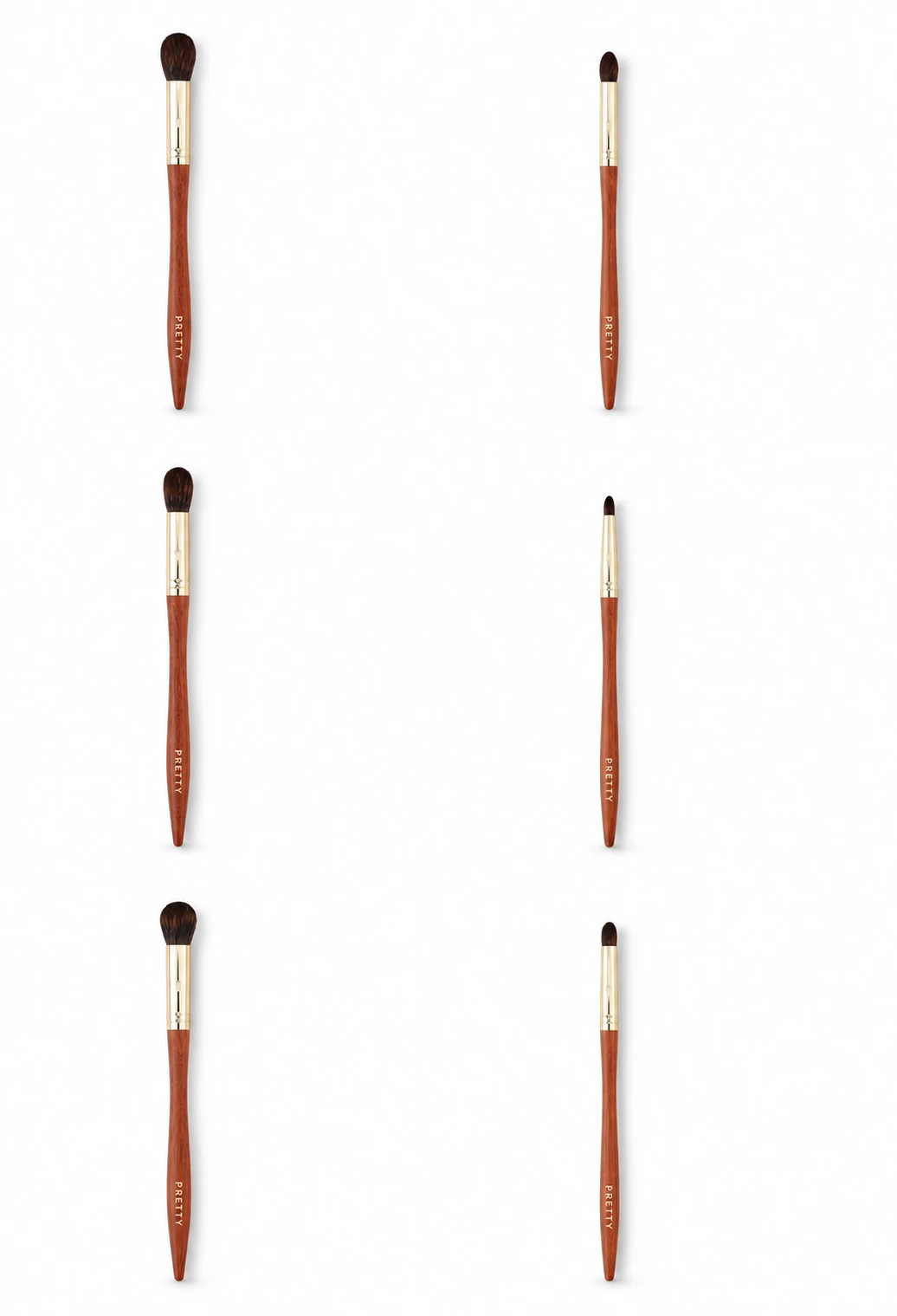 Six red-brown pointed-handle brushes with varied tapered heads, produced brush design