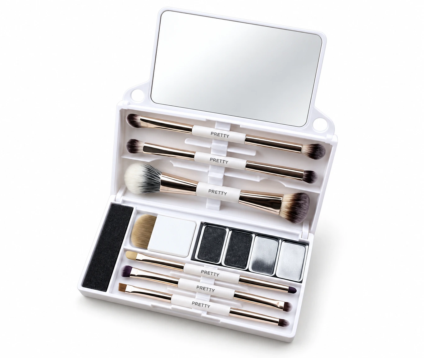 Open white mirrored case with assorted brushes and accessories, produced brush design