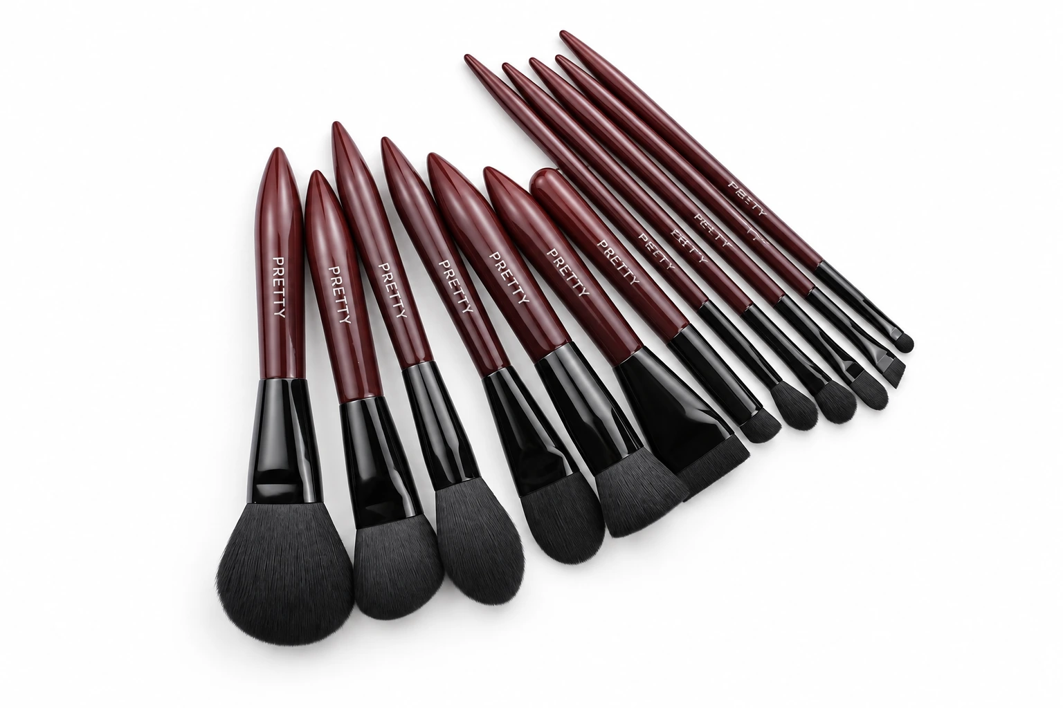 Wine-brown pointed-handle twelve-brush collection, produced brush design
