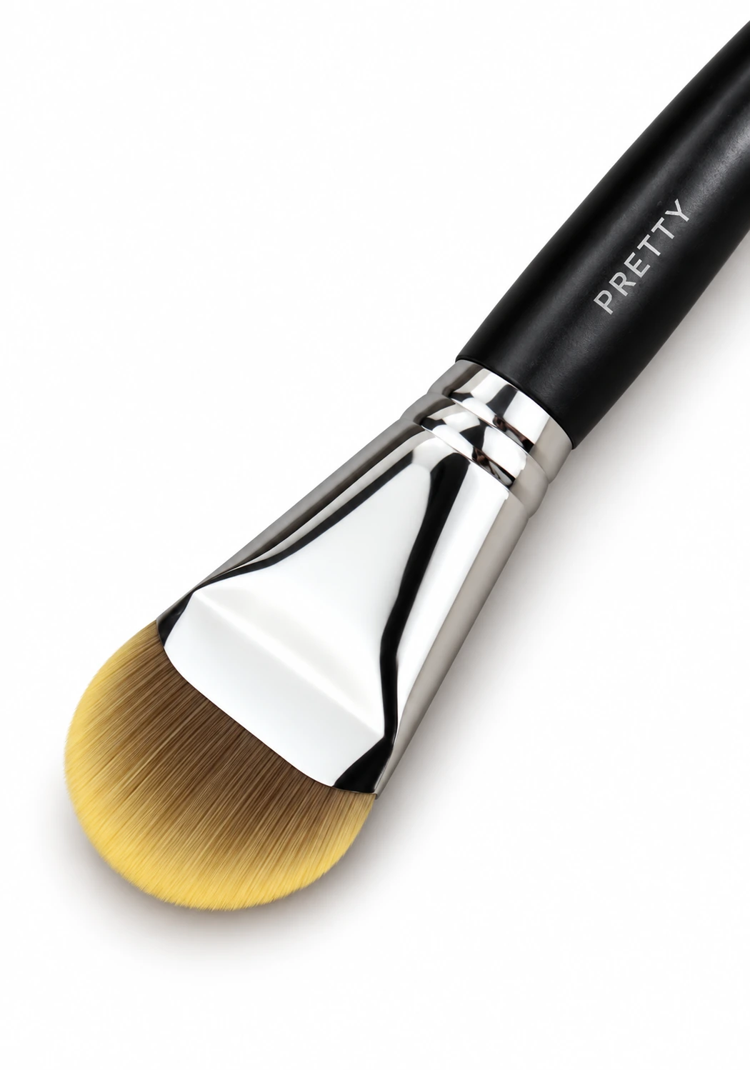 Yellow-edged brown flat head and silver-tone ferrule detail, produced brush design