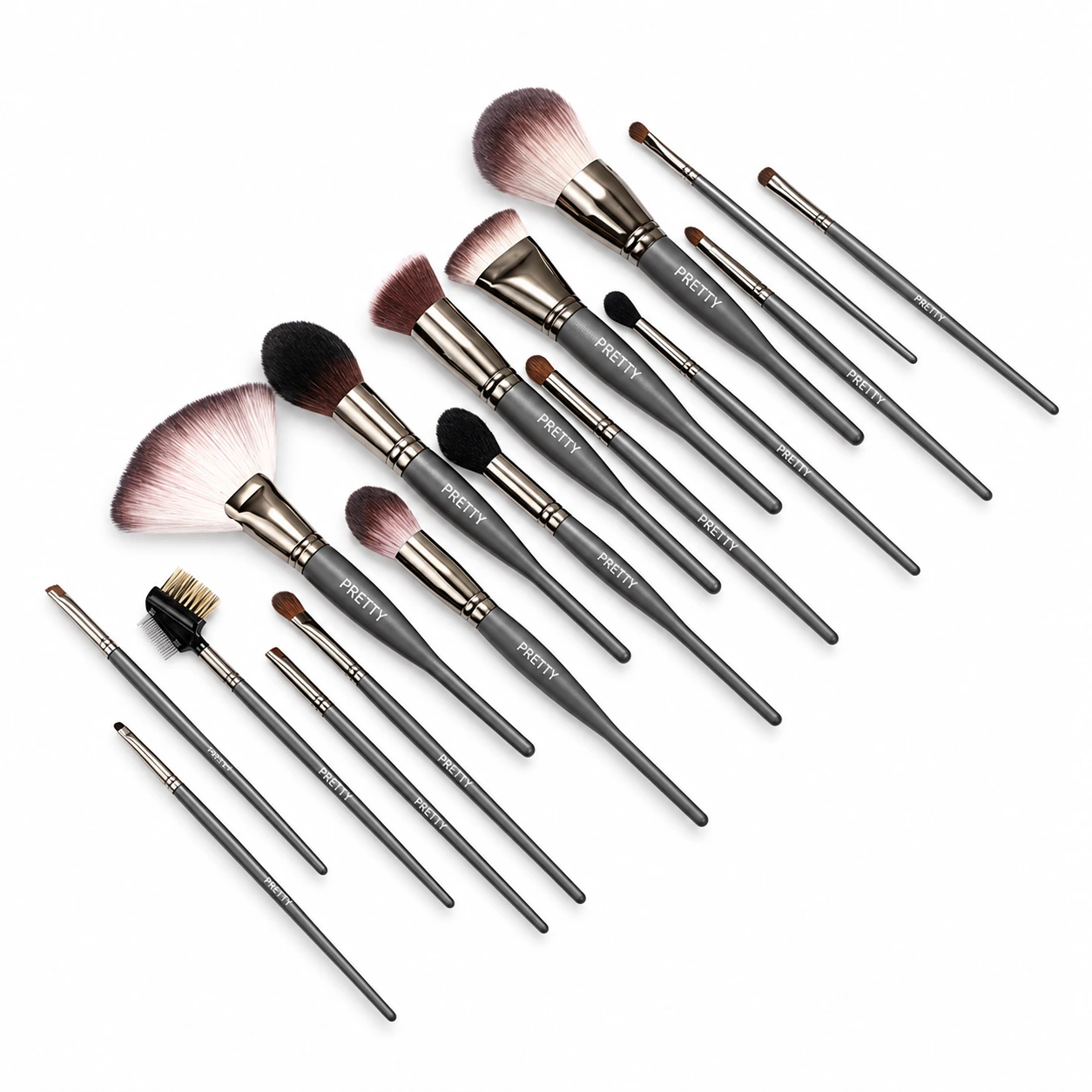 Seventeen dark-gray tools with varied brush heads and a comb, produced brush design