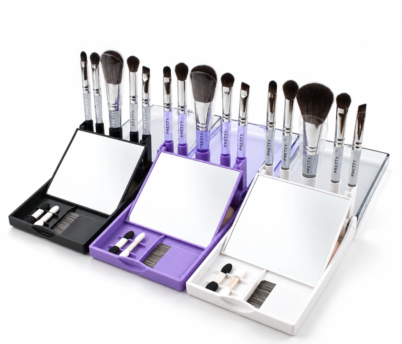 Three open mirrored travel cases with five brushes each, produced brush design