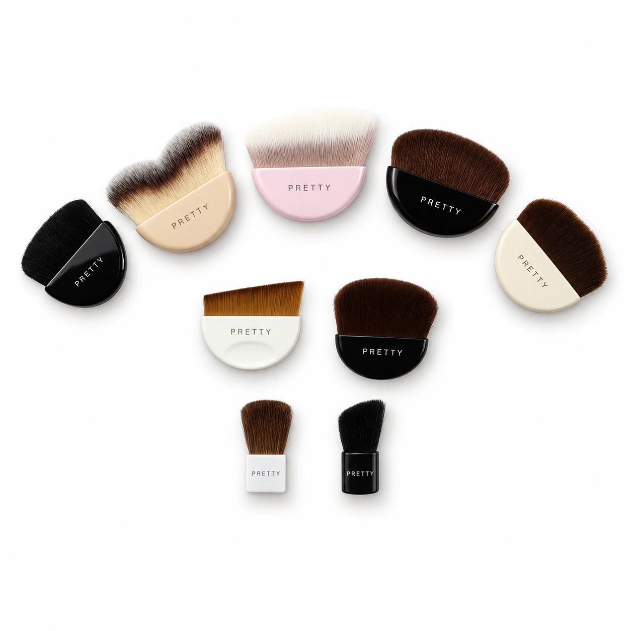 Nine palm-grip and compact brushes with varied bodies, produced brush design