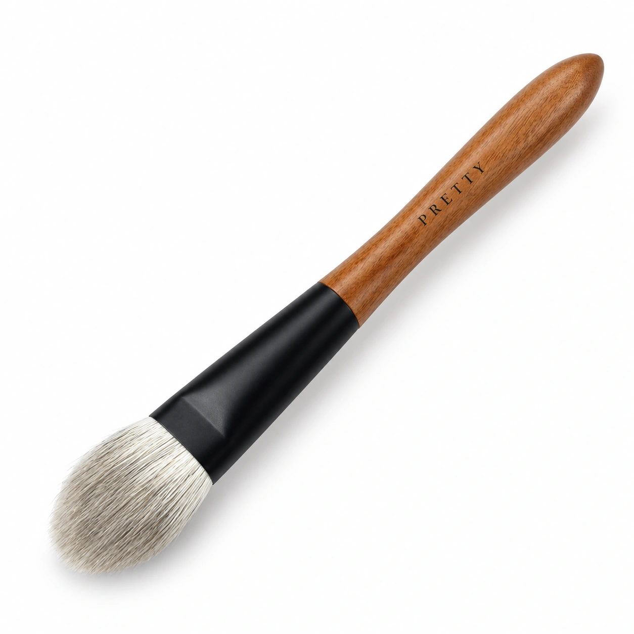 Brown grain-patterned handle with a tapered gray-white head, produced brush design
