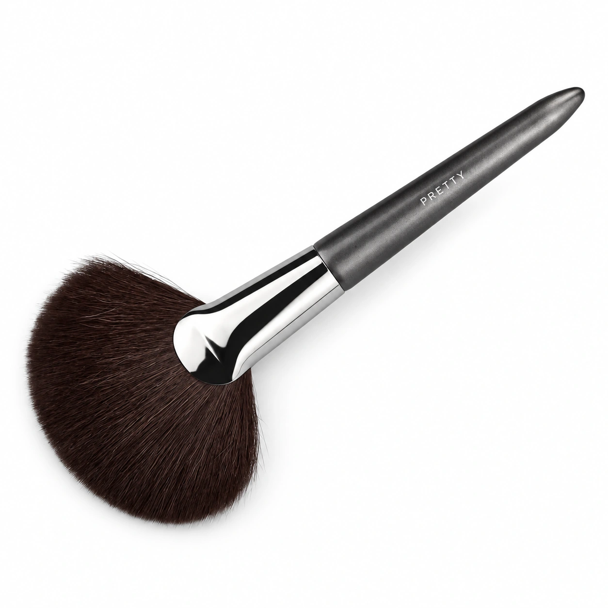 Gray handle and silver-tone ferrule with a broad dark fan head, produced brush design