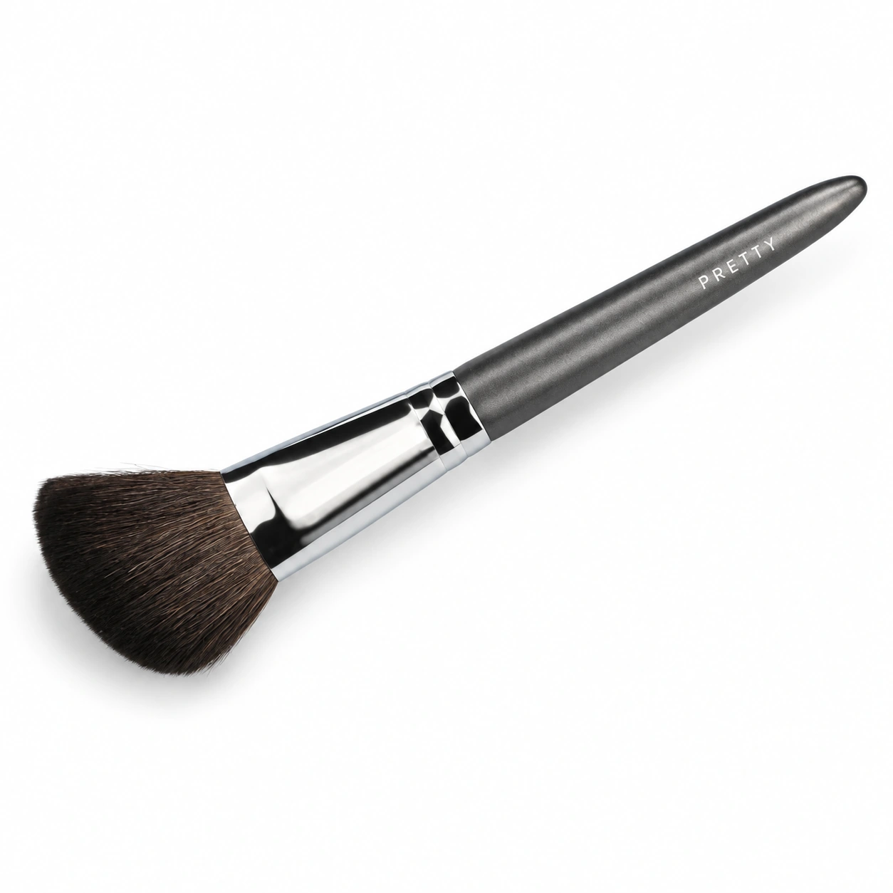 Gray handle and silver-tone ferrule with a broad angled dark head, produced brush design