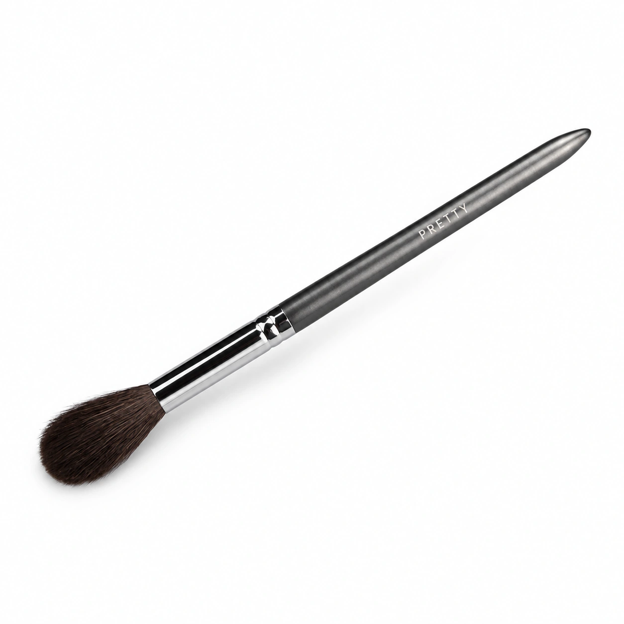 Gray handle and silver-tone ferrule with a small tapered dark head, produced brush design