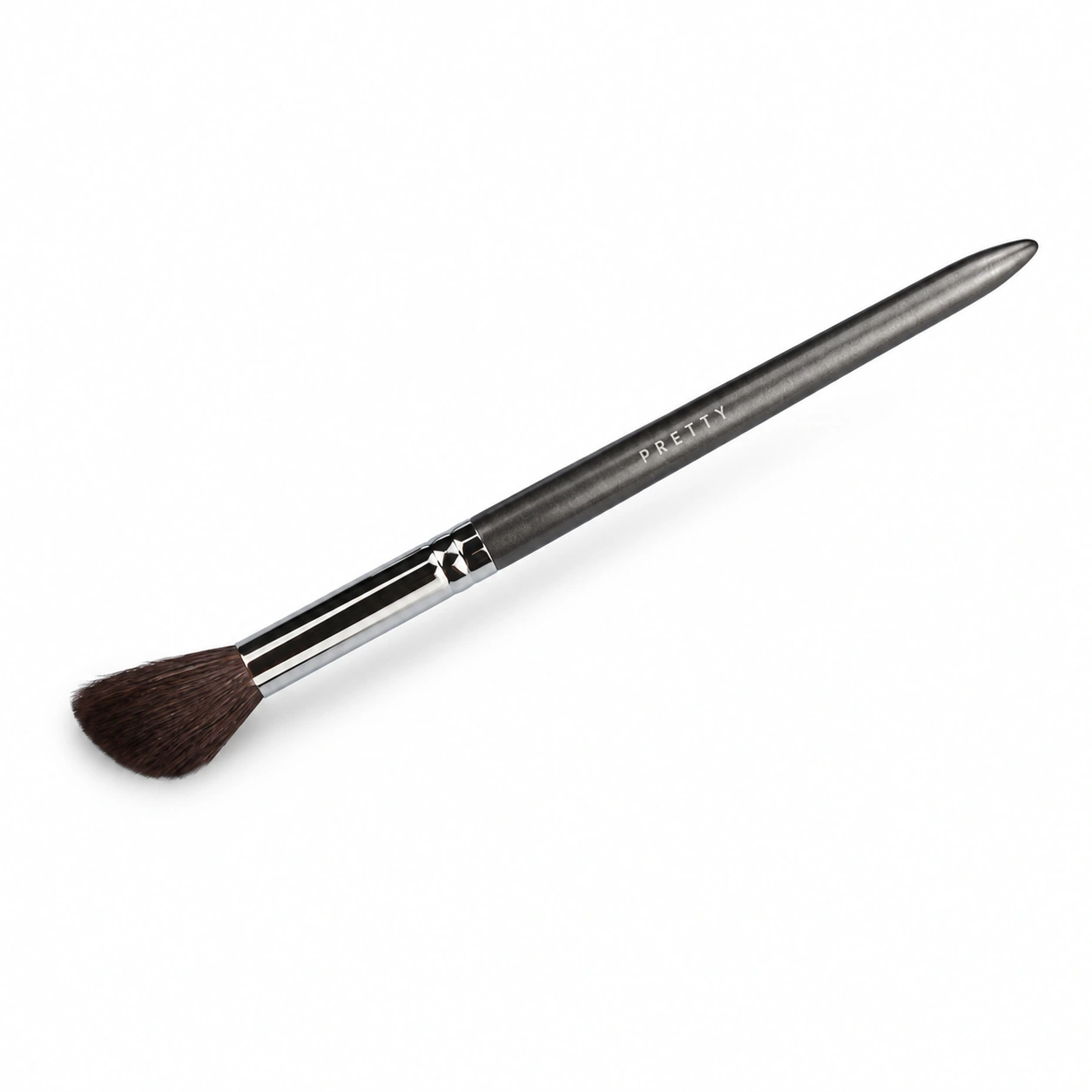 Gray handle and silver-tone ferrule with a small angled dark head, produced brush design