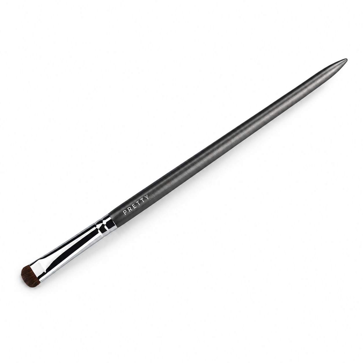 Slim gray handle and silver-tone ferrule with a small brown flat head, produced brush design