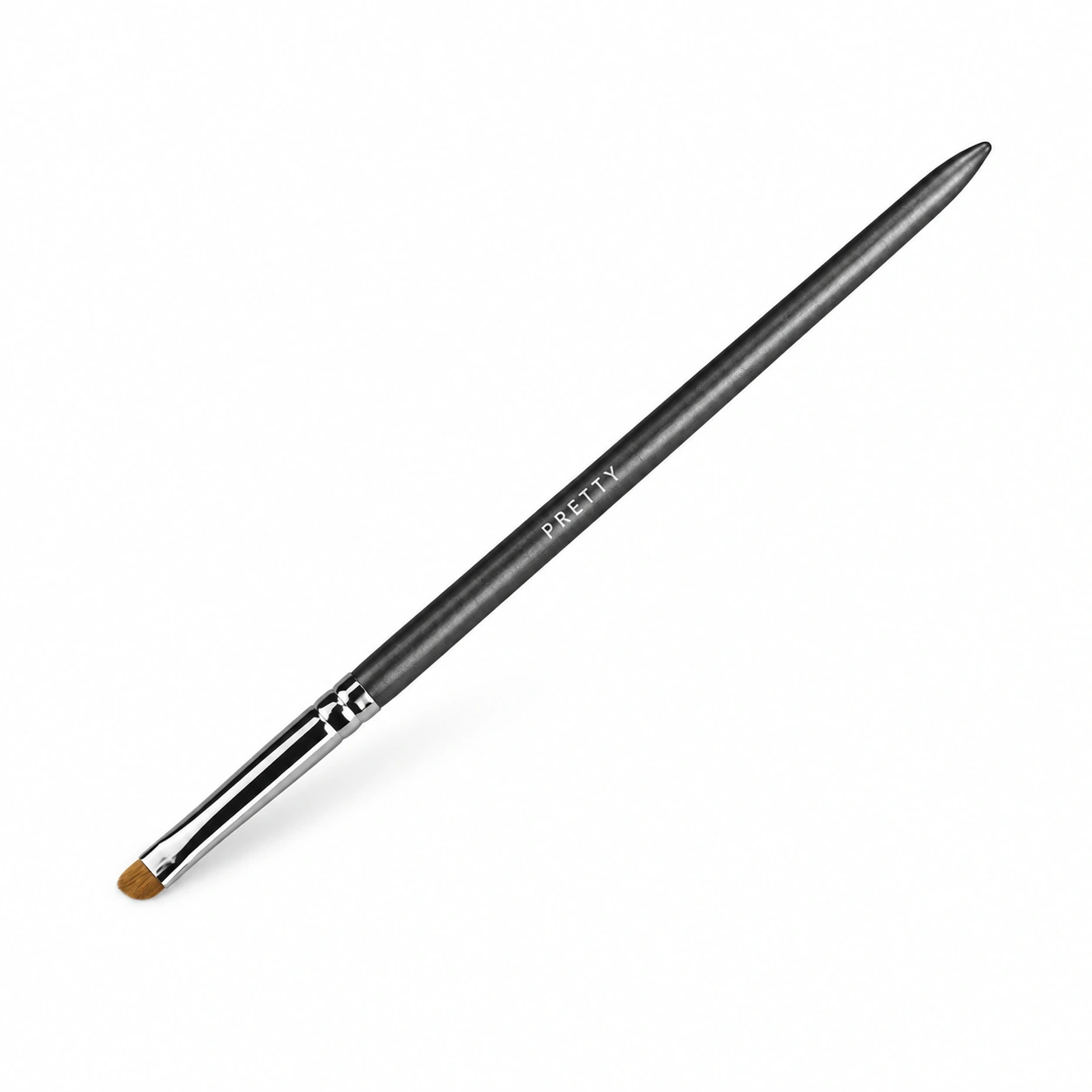 Slim gray handle and silver-tone ferrule with a small ochre-brown flat head, produced brush design