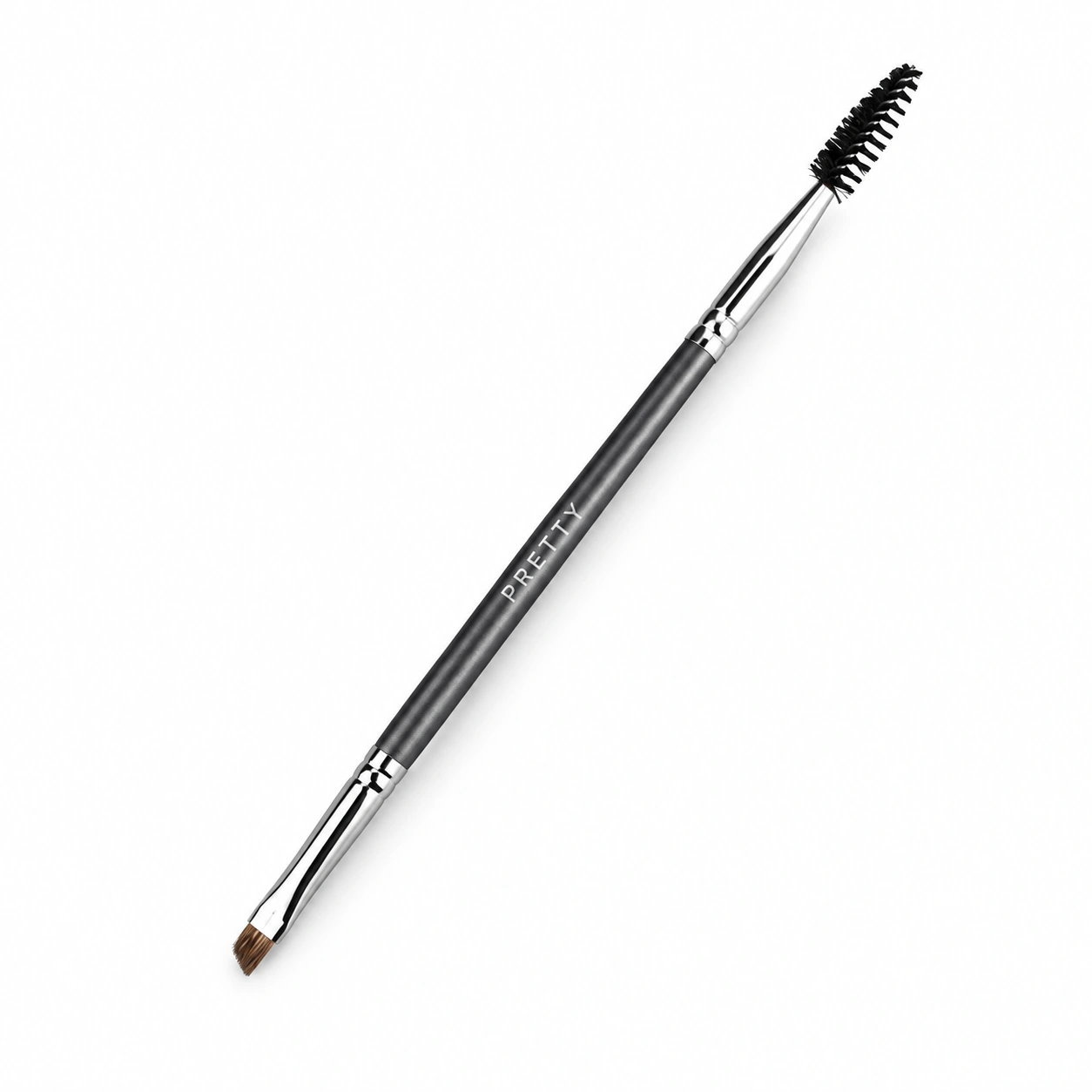 Gray dual-ended brush with an angled brown head and black spoolie, produced brush design