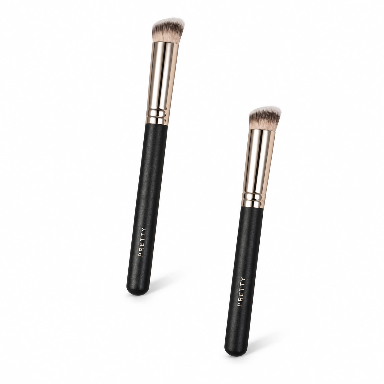 Two black-handle brushes with short angled brown-white heads, produced brush design