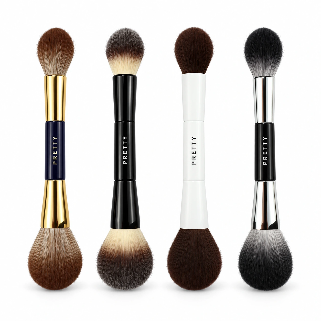 Four double-ended brushes in navy, black and white colorways, produced brush design