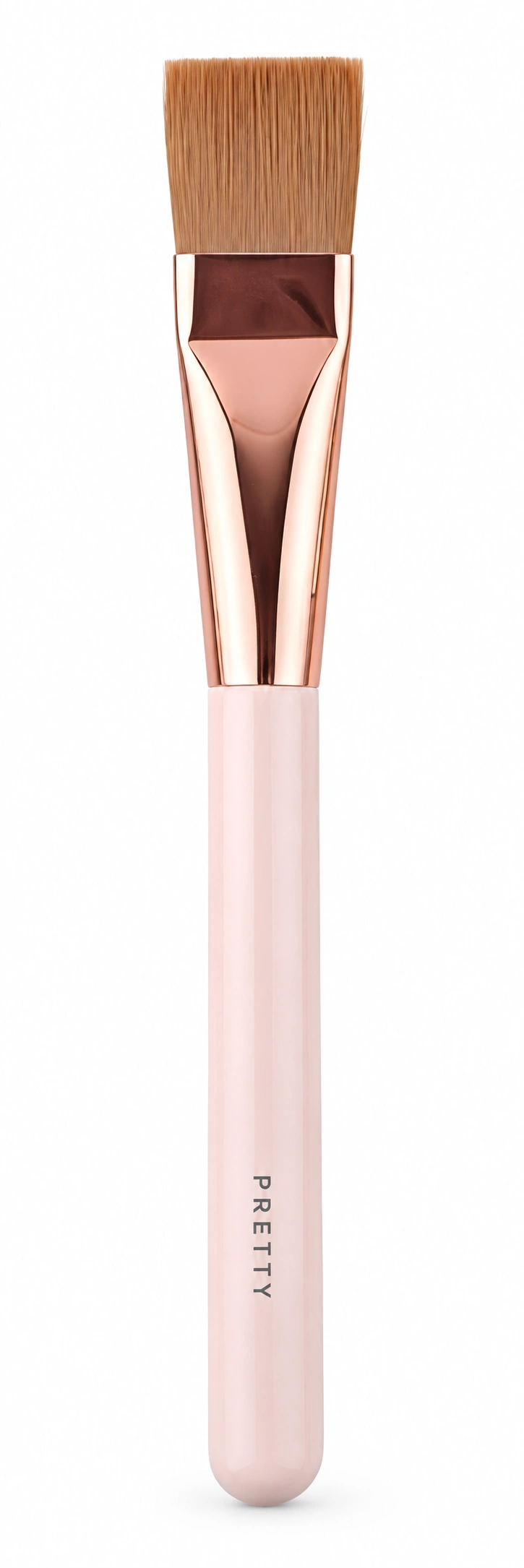 Pale-pink handle with a rose-tone ferrule and narrow tan flat head, produced brush design