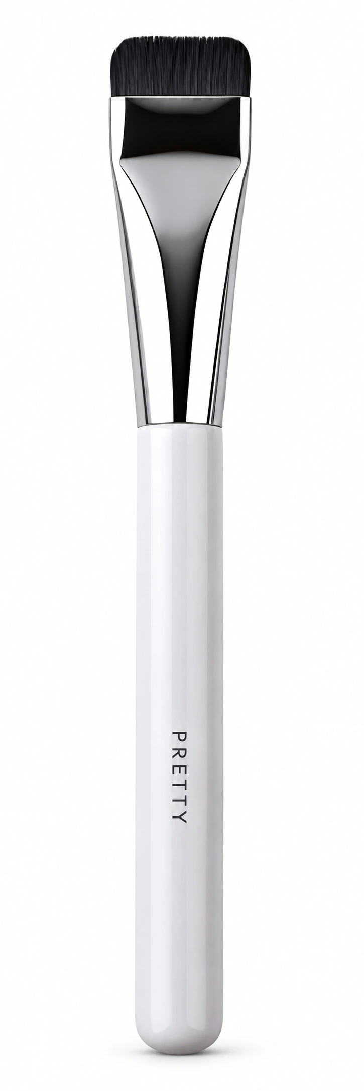 White handle with a medium black flat head and silver-tone ferrule, produced brush design