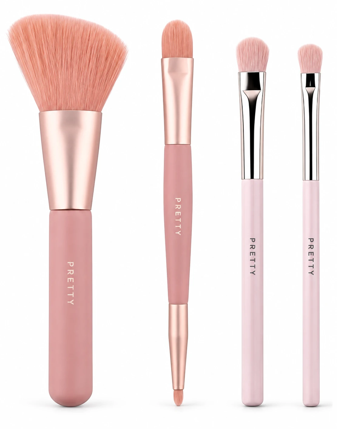 Four pink and rose-tone brushes with varied heads, produced brush design