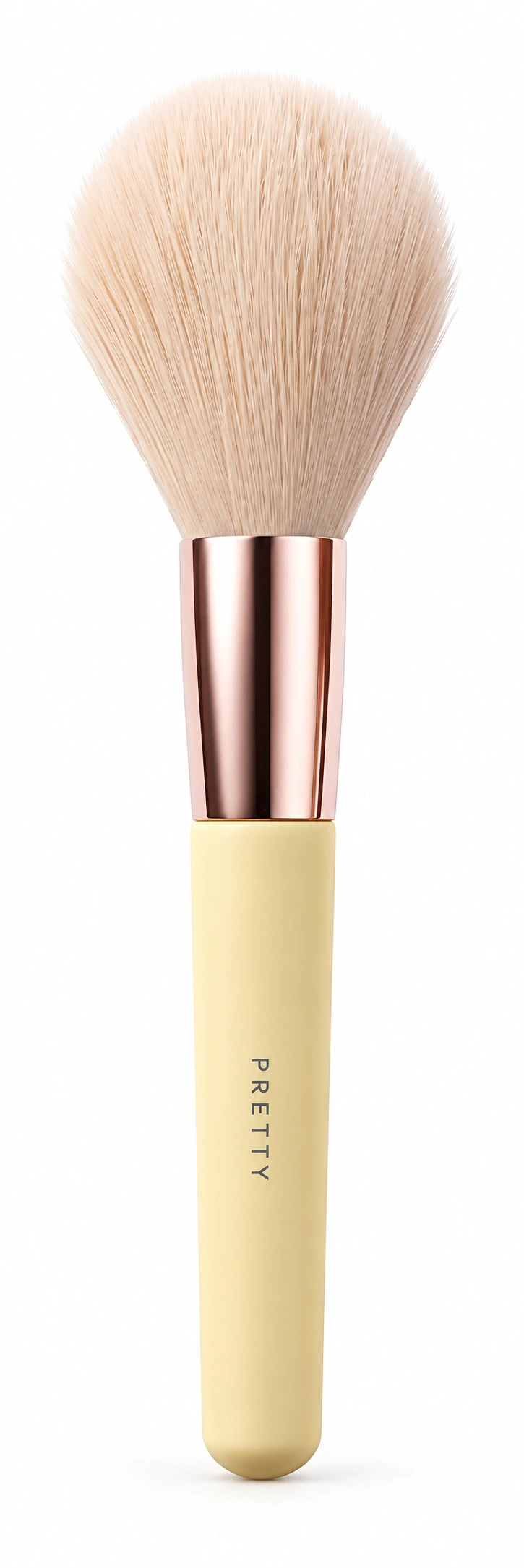 Short pale-yellow handle with a rose-tone ferrule and pale rounded head, produced brush design