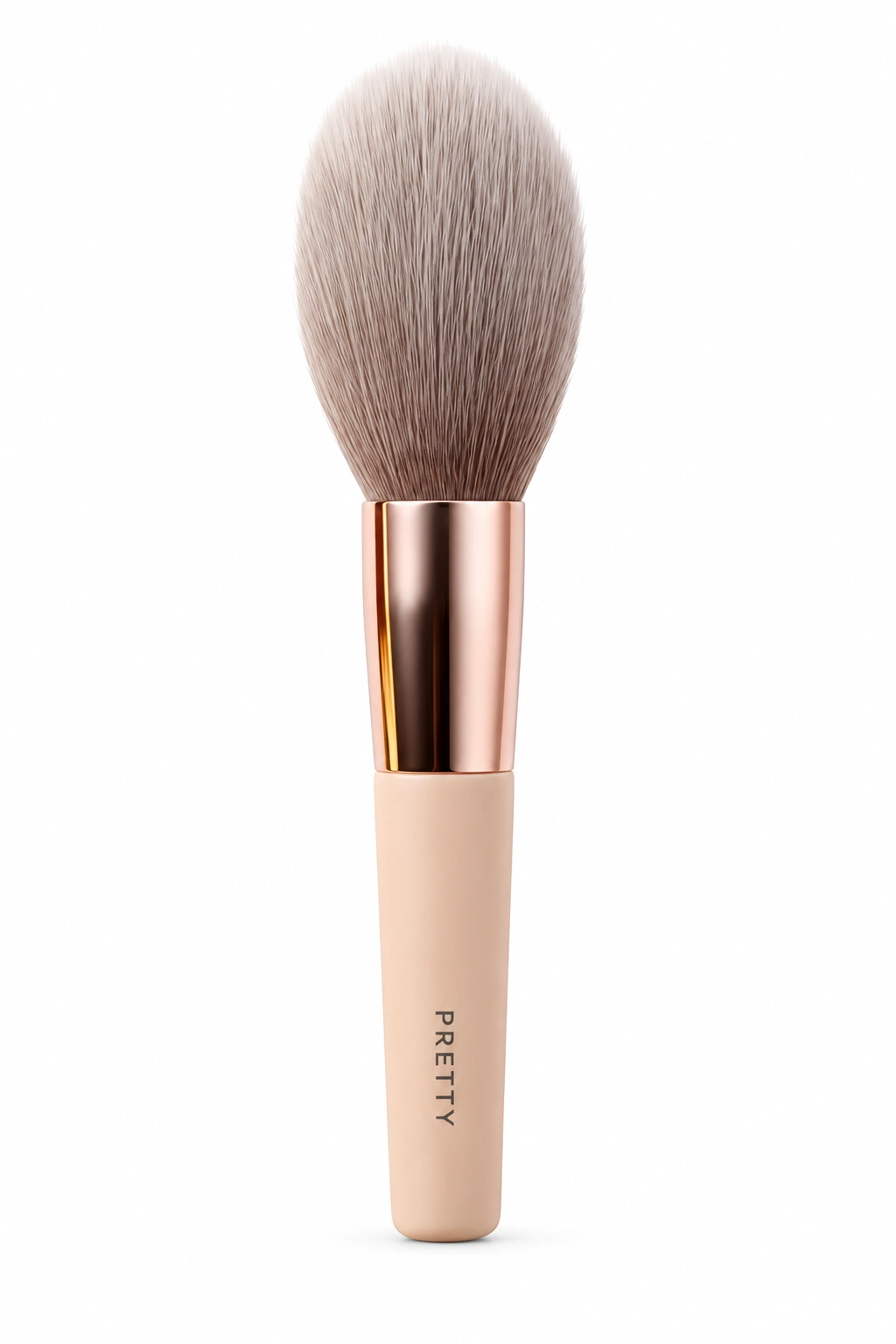 Short peach-beige handle with a rose-tone ferrule and gray-brown oval head, produced brush design